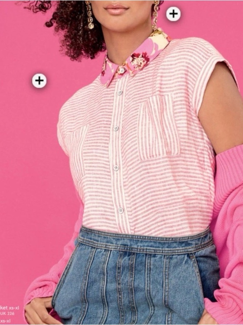 CAbi Merger Striped Button-Up Floral Collar Pink White Cap Sleeve Summer Sz S